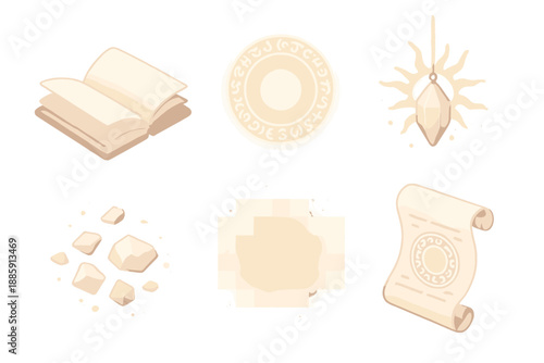 Veil of Light Codex. Isometric vector illustration set Veil of Light Codex: folded silk pages, glowing circular script, suspended