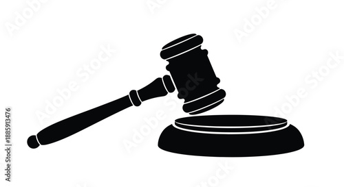 A black silhouette of a gavel resting on a soundblock justice icon