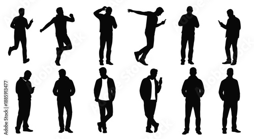 Silhouettes of people in various dynamic poses and formal attire