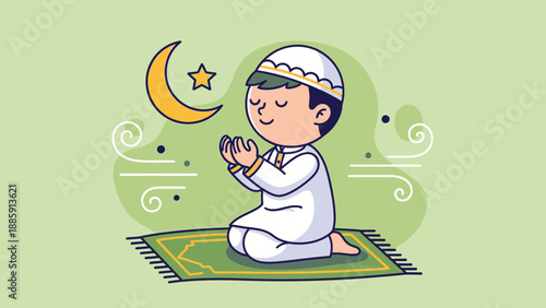 Muslim Boy Praying on Prayer Mat.
