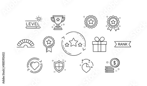 Gamification UI icons vector pack with thin editable strokes for rewards levels and achievements