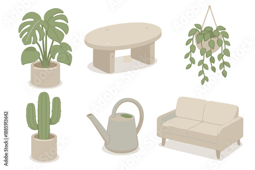 Botanical Concrete Interiors. Isometric vector illustration set of Botanical Concrete Interiors: cement pot monstera, terrazzo