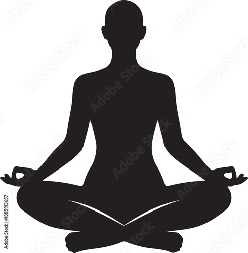 Black vector illustration of a woman sitting in a zen lotus pose for yoga and meditation health exercise, showing a calm person silhouette symbolizing peace and relaxation