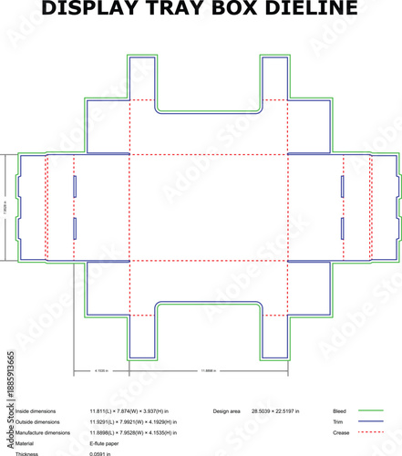 A technical diagram of a display tray box dieline with measurements