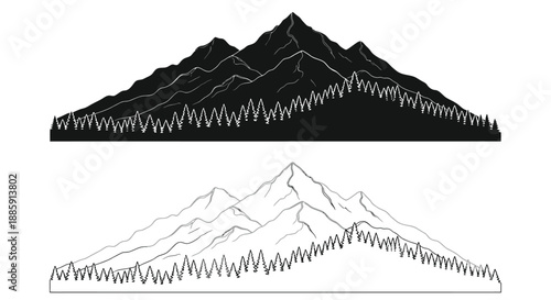 Simple black and white illustration of mountainous terrain and peak outlines