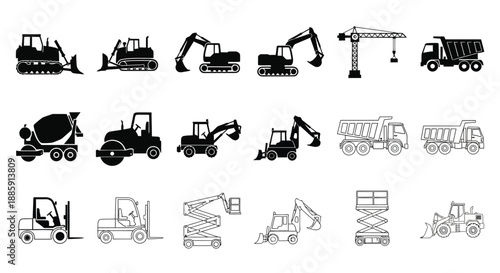 Collection of construction vehicles and machinery in a simple black and white style