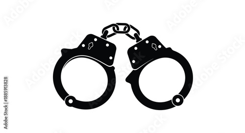 A stark black and white illustration depicting a pair of closed handcuffs