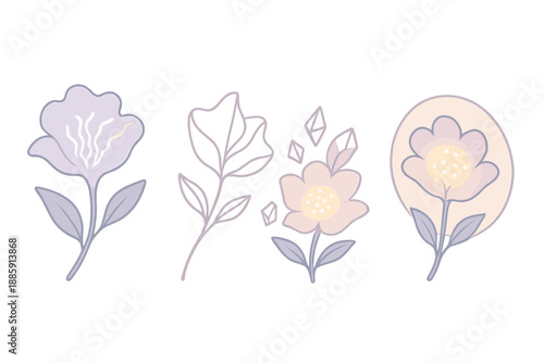 Electric Floral Portrait. Isometric vector illustration set of Electric Nature Portrait: flower silhouette filled with light,