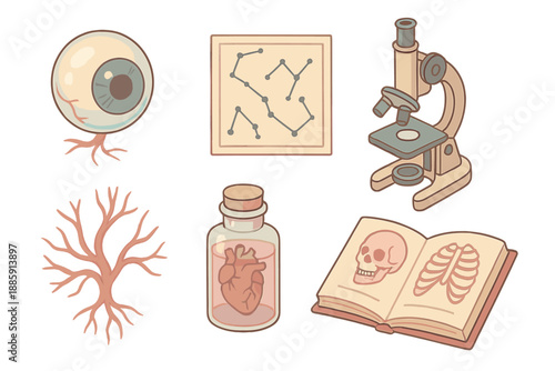 Surreal Anatomy Icons. Isometric vector illustration set of Surreal Anatomy Atlas: floating glass eye, constellation chart,