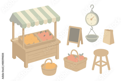 Vibrant Street Market Icons. Isometric vector illustration set of Vibrant Street Market: wooden fruit stand, baskets of oranges