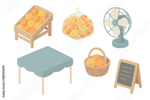 Coastal Market Icons. Isometric vector illustration set of Coastal Market Morning: citrus display, netted crate, sea breeze fan,