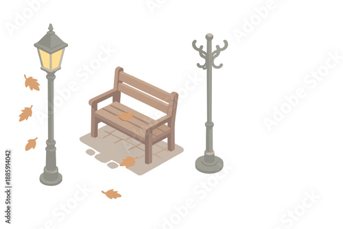 Autumn Street Scene. Isometric vector illustration set of Autumn Fog Street: golden lamplight, falling leaves, stone path, empty