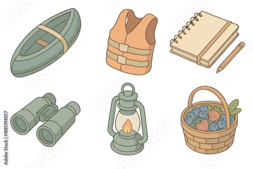 River Journey Essentials. Isometric vector illustration set of River Journey Supplies: folded canoe, life vest, travel notebook,