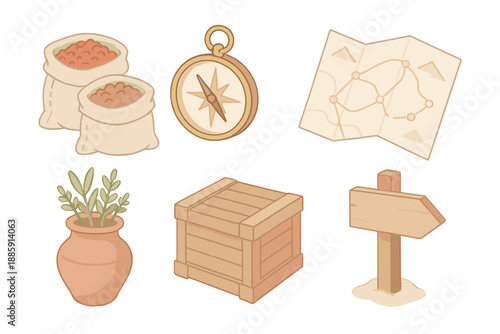 Desert Trade Icons. Isometric vector illustration set of Desert Trade Network: spice sacks, brass compass, folded map with routes,