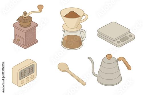 Artisan Coffee Tools. Isometric vector illustration set Artisan Coffee Process: coffee grinder, filter cone, scales, brewing timer