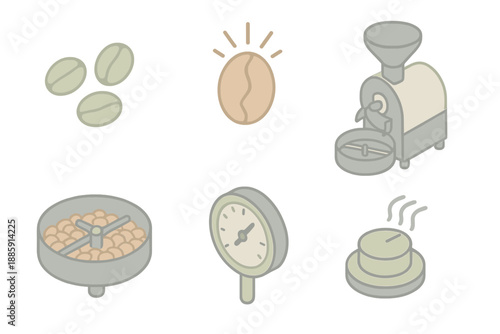 Coffee Roasting Stages. Isometric vector illustration set Coffee Roasting Stages: green coffee beans, first crack icon, roasting