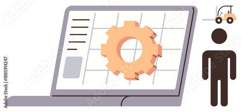 Technology, agriculture, automation, machinery, process optimization, workforce . Gear on a laptop with a person and a tractor icon. Technology and agriculture theme