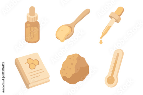 Natural Bee Resin Lab. Isometric vector illustration set Natural Bee Resin Lab: propolis extract bottle, wax-coated spoon, pipette