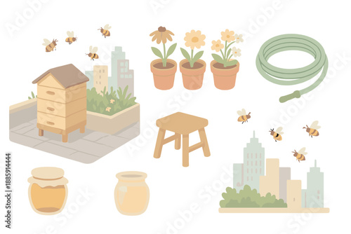 City Garden Apiary. Isometric vector illustration set City Garden Apiary: hive near rooftop garden, flower pots, watering hose,