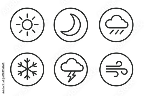 Line Style Weather Icons. Line style circular vector icons of weather symbols: sun, moon, rain, snowflake, thunder, wind. No text,