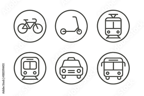 Urban Transport Icons. Line style circular vector icons of urban transport: bicycle, scooter, tram, metro, taxi, bus. No text, No