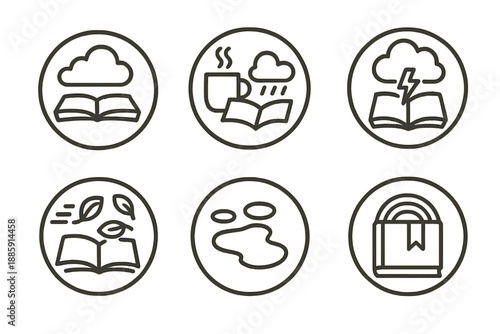 Poetic Weather Symbols. Line style circular vector icons of poetic forecast: book cloud drifting, steaming mug beside rain pages,