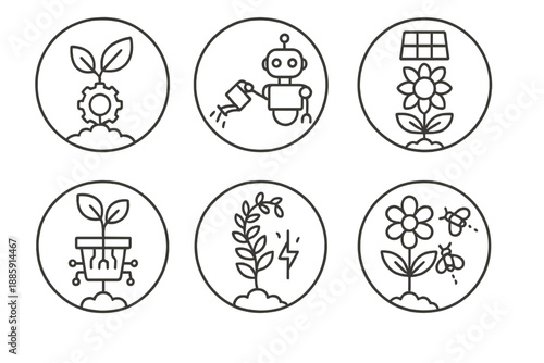 Cyber Garden Icons. Line style circular vector icons of cyber garden: mechanical leaf sprouting, robot watering plant, solar