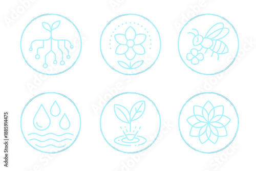 Luminous Botany Icons. Line style circular vector icons of luminous botany: circuit plant roots, neon flower crown, mechanical bee