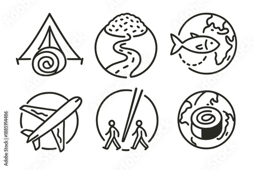 Nomadic Cuisine Icons. Line style circular vector icons of nomadic cuisine: sushi tent roll, rice road map, fish trail to