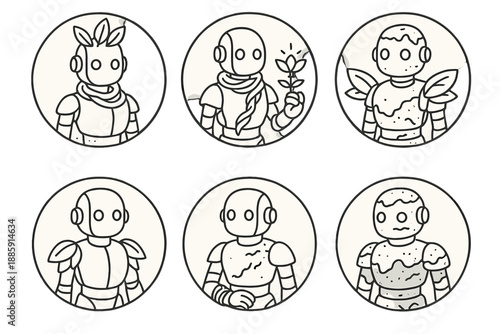 Botanical Android Elements. Line style circular vector icons of botanical android: metal figure with leaf crown, vine scarf,