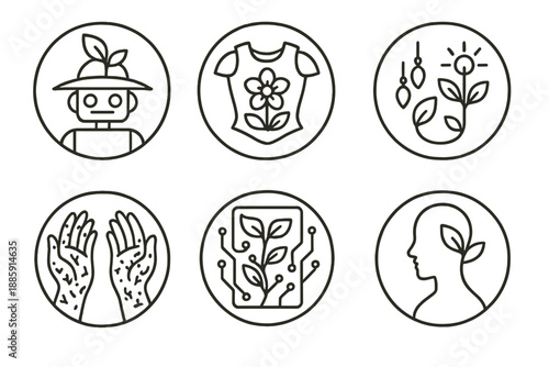 Plant-Powered Fashion Icons. Line style circular vector icons of plant-powered fashion: leafy hat robot, flower armor, glowing