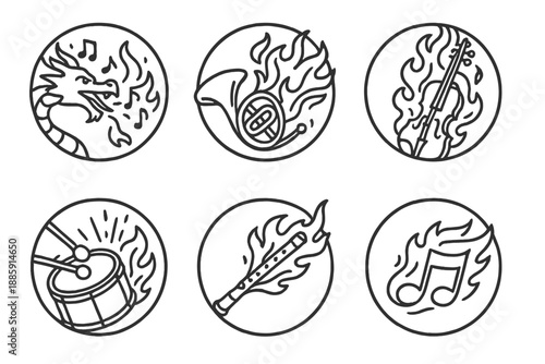 Fiery Orchestra Icons. Line style circular vector icons of fiery orchestra: dragon spitting melodies, horn flame burst, violin