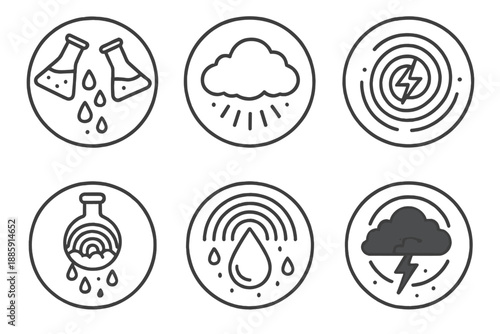 Chromatic Rain Icons. Line style circular vector icons of chromatic rain: levitating flasks dripping colors, glowing mist cloud,