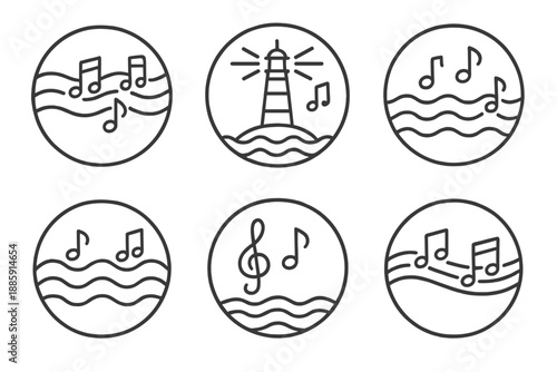 Maritime Melody Icons. Line style circular vector icons of maritime melody: beam of notes across water, glowing lighthouse chord,
