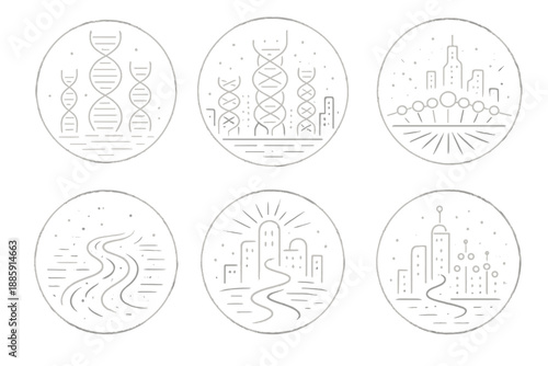 Molecular City Skyline. Line style circular vector icons of molecular city: glowing DNA towers, helix structures forming skyline,