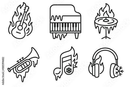 Fire & Ice Music Icons. Line style icons of Musical Elements Clash: burning guitar, frozen piano, flaming cymbals, icy trumpet,
