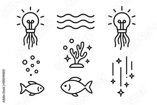 Glowing Sea Creatures. Line style icons of Deep Sea Glow: jellyfish glowing as bulbs, underwater waves, tiny floating bubbles,