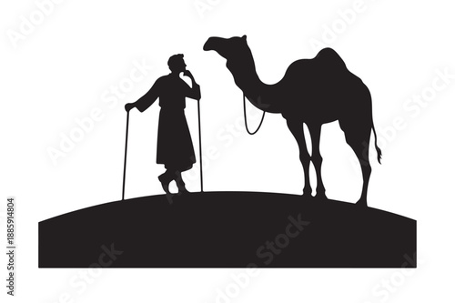 Silhouette of bedouin nomad and camel on desert hill. Traditional middle east travel scene