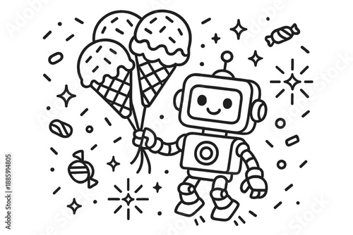 Robo Dessert Party. Line style icons of Robo Dessert Fun: robot with ice cream balloons, glowing sprinkles, tiny floating sweets,