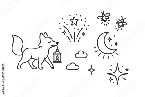 Magical Night Icons. Line style icons of Magical Night Walk: fox with lanterns, glowing starry sky, floating fireflies, sparkling