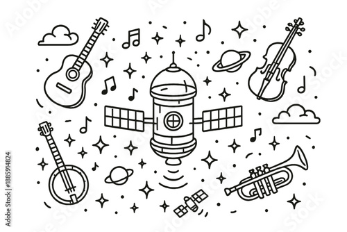 Cosmic Symphony Icons. Line style icons of Musical Cosmos: floating instruments around space station, glowing clouds, tiny