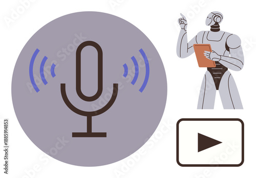 Artificial intelligence, voice recognition, media technology, automation, content creation, future innovation. Robot holding a tablet, microphone icon with sound waves and a play button. AI