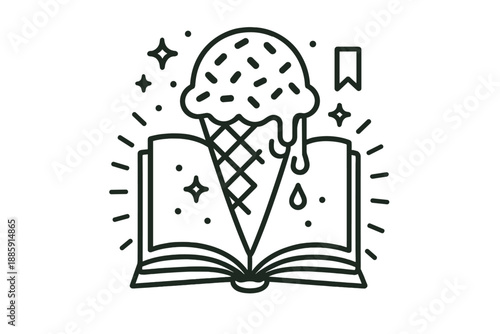 Frozen Knowledge Icons. Line style icons of Frozen Knowledge: ice cream forming open book pages, glowing sprinkles, tiny floating
