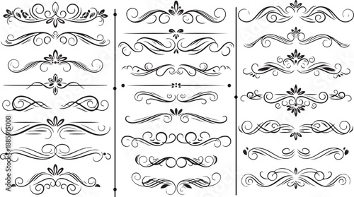 Elegant decorative divider vector set with ornamental line art borders, vintage separators and floral graphic embellishments in black eps