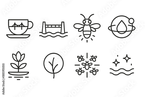 Buglit Bridge Icons. Line style icons of Buglit Bridges: teacup, floating bridge, glowing lightning bug, orbiting droplet,
