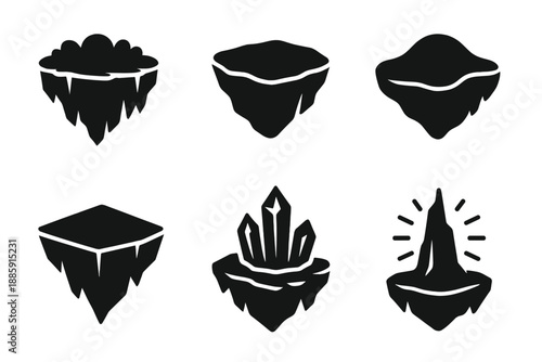 Levitating Solid Landscapes. Solid style icons of levitating landscapes in : floating island, hovering rock, aerial hill, prism