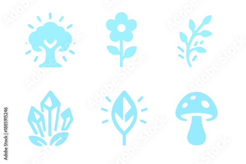 Ethereal Flora Icons. Solid style icons of ethereal flora in : glowing tree, neon flower, radiant vine, crystal bush, prism leaf,