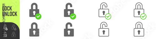 Lock and unlock security icons - padlocks in both locked and unlocked states for data privacy showing protected, verified, and access states, ideal for privacy, login, and UI systems