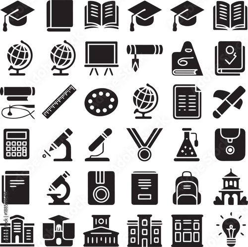 Modern E-Learning and School Administration Icons - Vector Textbook, Calendar, and Online Classroom Management Symbols