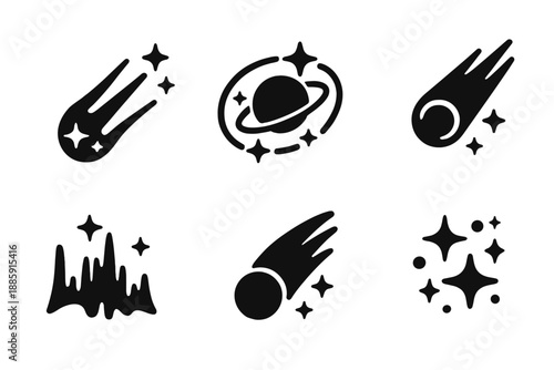 Celestial Icon Set. Solid style icons of celestial phenomena in : luminous trail, radiant orbit, glowing meteor, prism aurora,